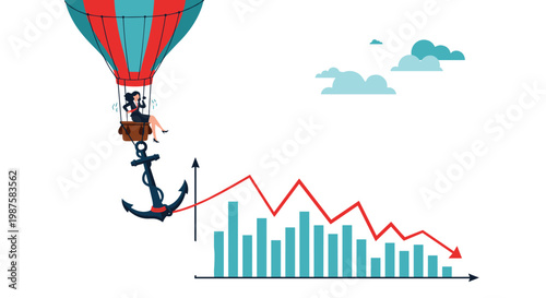 Businesswoman in a hot air balloon basket with an anchor dragging down a declining financial market bar chart.