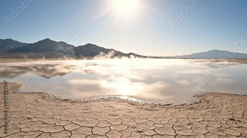 Dry Sunny Landscape. Desert Lake With Shimmering Reflections. Sunlit Cracked Saltflat With Distant Mountains. Expansive Desert Scene Showcasing Shimmering Saline Surface And Mountain Shadows