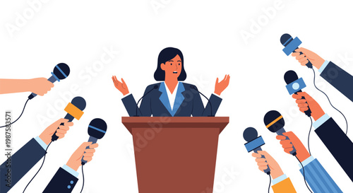 Professional woman at a podium addressing multiple microphones held by reporters during a press conference event.