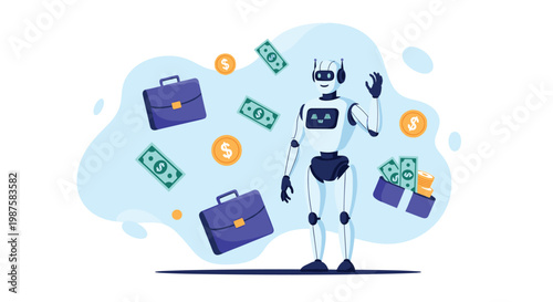 Advanced humanoid robot standing amidst floating briefcases, banknotes, coins, and a wallet representing digital finance.