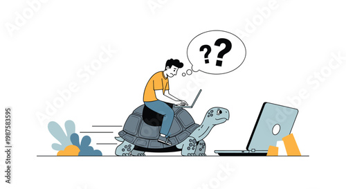 Frustrated man using a laptop while sitting on a slow moving turtle with question marks indicating technical delays.