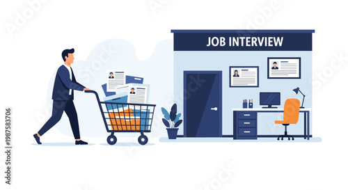 Professional man pushing a shopping cart full of resumes and documents towards a job interview office for career growth.