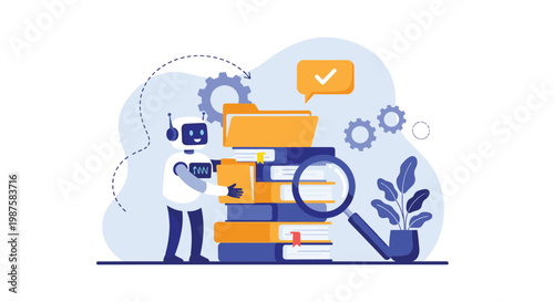 Smart artificial intelligence robot organizing a large stack of books and folders using a magnifying glass for data research.