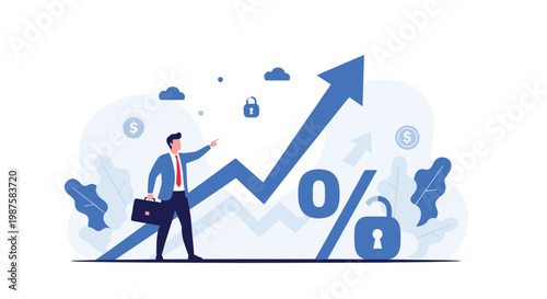 Businessman pointing at a sharply rising blue arrow on a growth chart with lock and percentage symbols for secure profits.