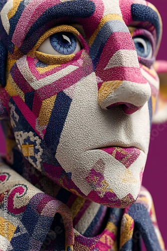 A close-up portrait of a colorful, textured artistic figure with blue eyes