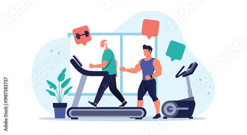 Elderly man walking on treadmill in gym while young personal trainer provides professional guidance for healthy aging.