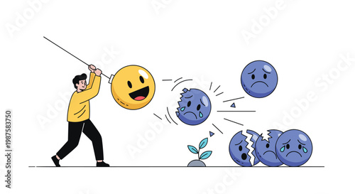 Energetic man uses a giant happy face wrecking ball to destroy multiple blue spheres with sad expressions representing positive mindset.