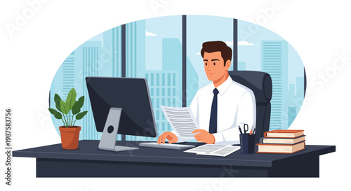 Professional businessman sitting at his office desk working on a computer and reviewing important documents with a city skyline background.