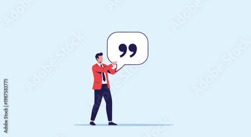 Professional man in a red suit stands holding a large white speech bubble containing double quotation marks for message or statement.