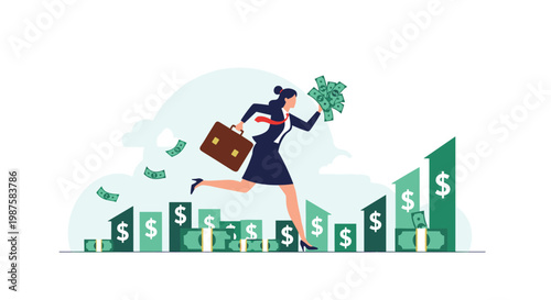 Successful businesswoman running fast while carrying a briefcase and stacks of cash on a rising financial bar chart for business growth.