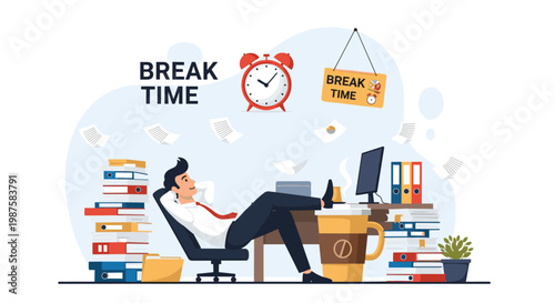 Relaxed employee sitting back in his office chair with his feet on the desk during a designated break time amidst a busy workload.