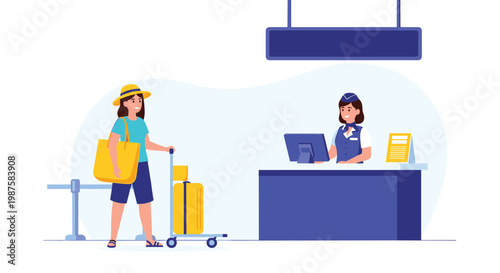 Female traveler with luggage standing at an airport check-in counter while being assisted by a friendly airline staff member.