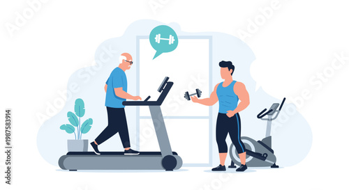 Active senior man exercising on a treadmill under the supervision of a young personal trainer for physical therapy and fitness.