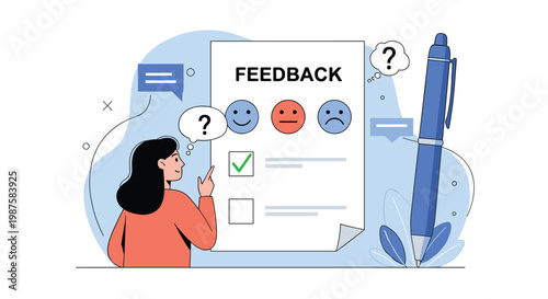 Young woman providing customer feedback on a large document featuring various emoji ratings for service quality and satisfaction.