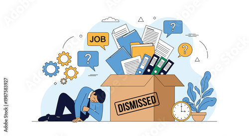 Desperate man sitting on the floor next to a cardboard box of office belongings and a large dismissed stamp after losing his job.