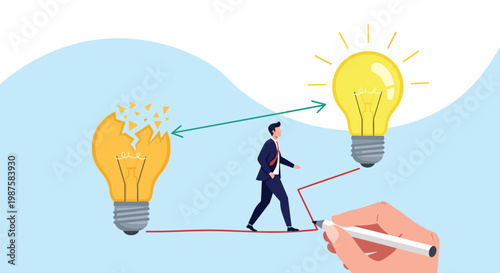 Man walking from a broken lightbulb towards a glowing bright one to represent the transition from failure to successful ideas.
