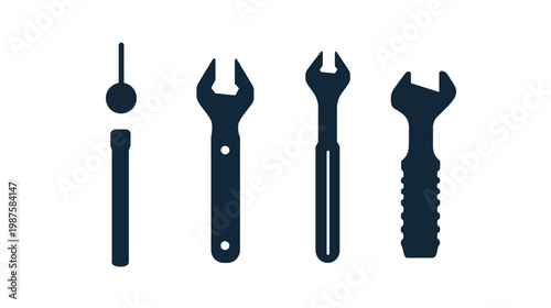 Monochrome illustration of four distinct tools, including two wrenches and an item with two components