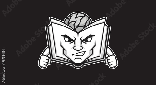 Angry man emerging from an open book.