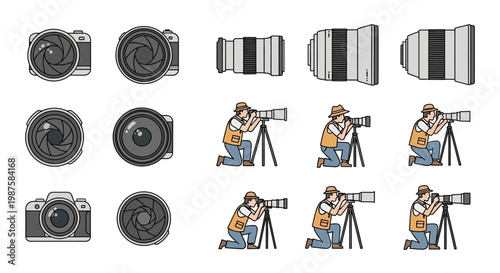 Collection of camera lenses and photographers at work with various equipment.