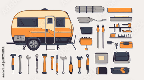 A retro-style trailer illustration with various tools and equipment. Perfect for travel or camping