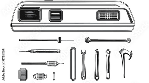 Monochrome illustration of vehicle components and tools against white background