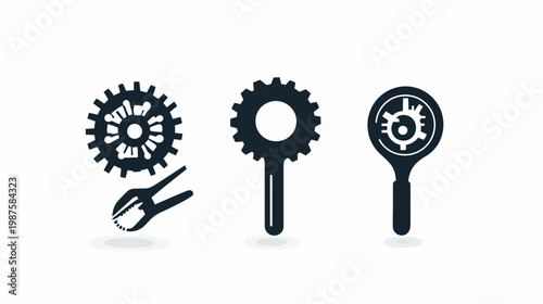 A minimalistic depiction of mechanical tools, featuring gears, a wrench, and pliers, all black on white