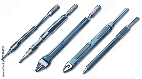 Illustration of five surgical instruments with textured handles and various working ends, isolated on white