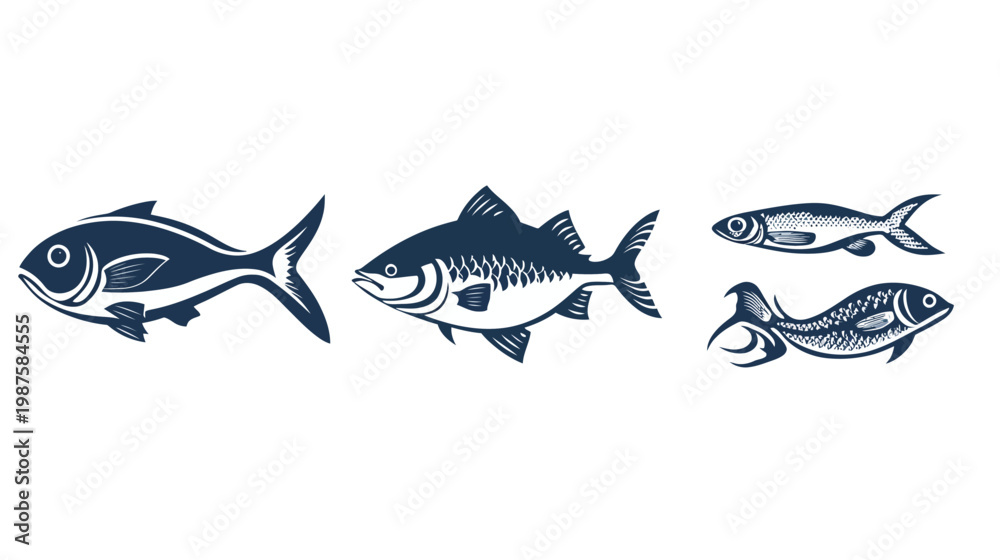 Obraz premium Four stylized illustrations of fish in a monochromatic palette of dark blue against a white background