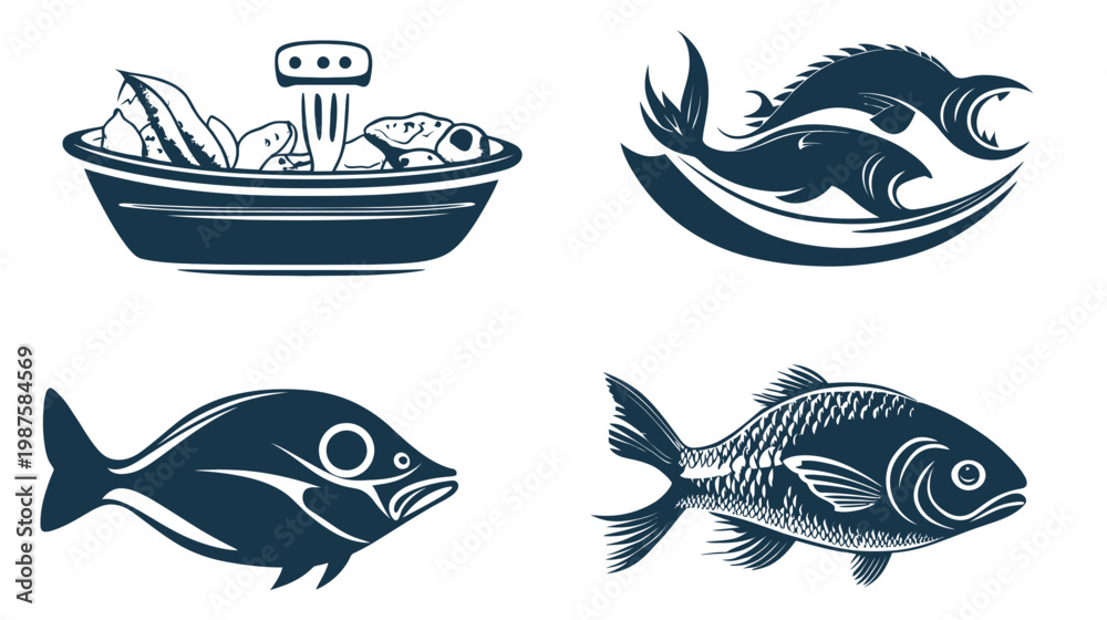Obraz premium Four dark navy vector illustrations on a white background a bowl, and three fish designs