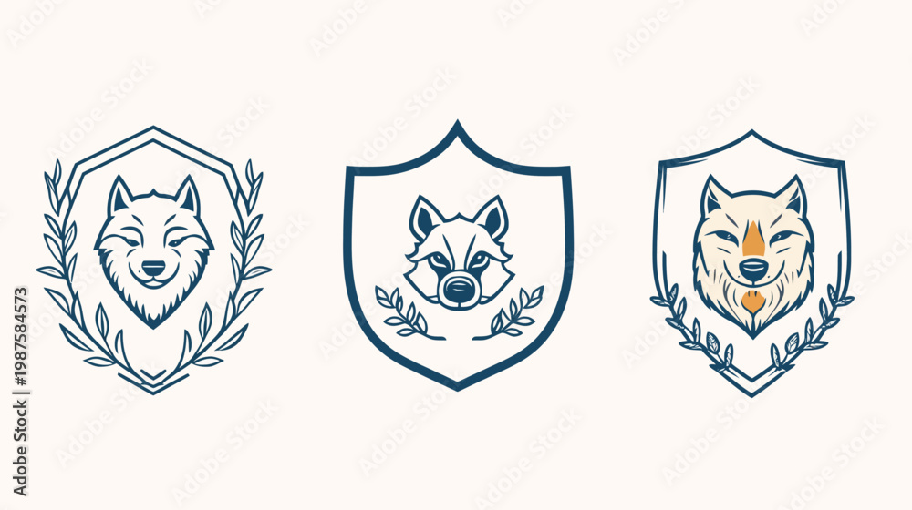 Obraz premium Three heraldic emblems featuring stylized animal faces within shields, framed by foliage