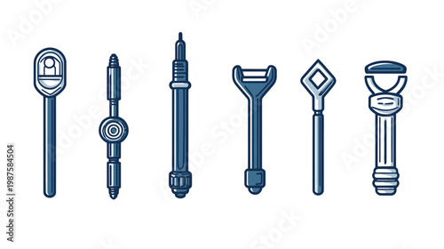 Stylized, minimalist illustrations of blue and white tools and gadgets. Clear lines and shading