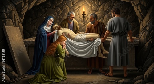 Mourning figures tending to a figure in a tomb with candlelight