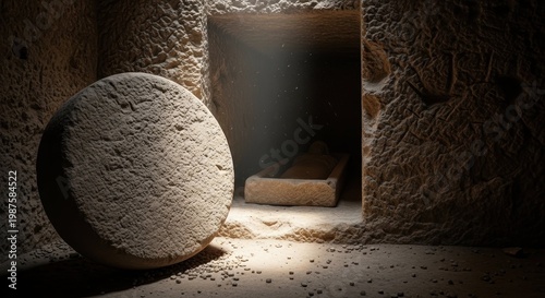 Ancient stone tomb with a circular entrance and dim lighting