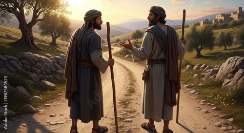 Two men walking, talking on a country road at sunset