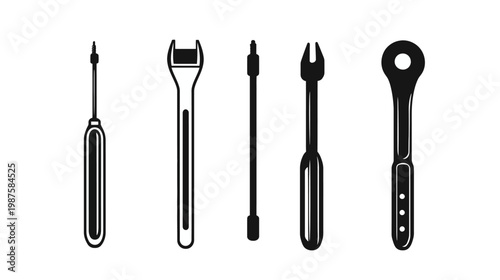 Black and white illustration of various tools including screwdrivers and wrenches on white background