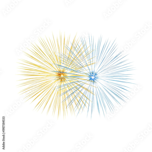 Ultra-realistic, top-down photo of golden-yellow and light blue ethereal firework bursts with intricate radiating lines, overlapping against transparent copy space. Abstract celebration concept