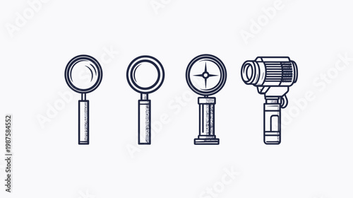 Four black and white illustrations of tools on a white background. Includes a magnifier, compass, and more