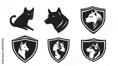 Collection of stylized illustrations of wolves, cats, and heraldic crests in black and white