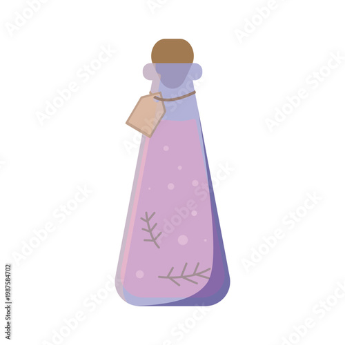 Tall Potion Flask Vector Illustration with Pink Liquid and Herbs Isolated on White Background