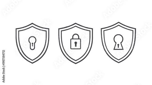 Three minimalist shield icons representing security, each with a different lock or keyhole design