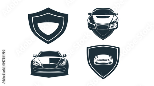 Four graphical emblems, with shield shapes, feature cars. Design is primarily black and white