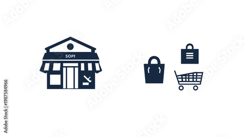 A set of simple icons depicting a shop, shopping bag, and shopping cart