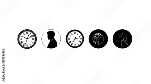 A collection of black and white circular icons, including clocks, a silhouette, and abstract symbols