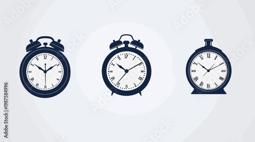 Three stylized, dark blue clocks on a white-to-gray gradient background. Timekeeping concept