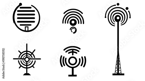 Collection of stylized monochrome illustrations, including signal towers, emitting devices, and target symbols