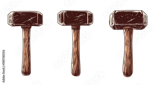 A stylized illustration featuring three hammers with wooden handles and dark brown heads