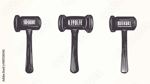 Three stylized wooden mallets, each with a different word inscribed on the head, stand on a plain background