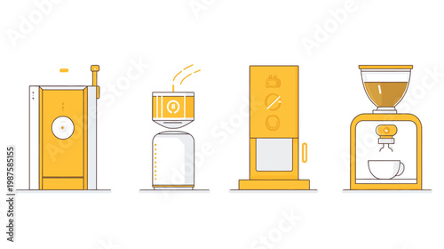 Four stylized illustrations of coffee brewing equipment, rendered in a simple graphic style