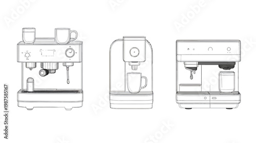 Three line art representations of coffee machines with mugs