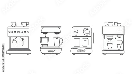 Black and white line art depicting various coffee machines with cups, ideal for design